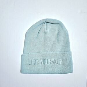 Minimalist "Love Yourself" Beanie | Soft Blue Aesthetic Knit Hat | cozycore